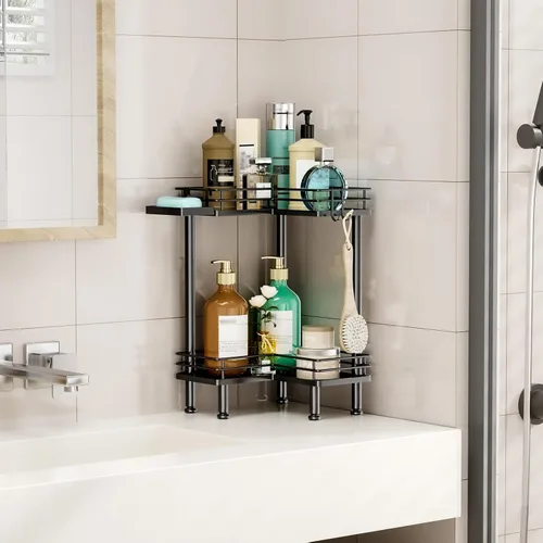 Miniatura 7 de HapiRm Organizador de ducha esquinero de pie, organizador de ducha de 2 niveles con soporte para jabón, organizador de pie de baño a prueba de óxido
