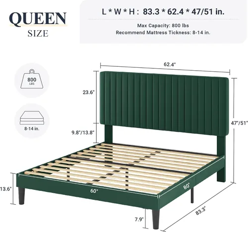 Miniatura 2 de Allewie - Base de cama tamaño Queen con cabecera acolchada tapizada en terciopelo y diseño acanalado vertical ajustable; plataforma de cama con base