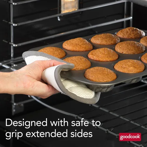 Miniatura 4 de GoodCook Mini molde estriado diario para tartas de construcción de acero antiadherente, hace 12 mini pasteles flautados, color gris
