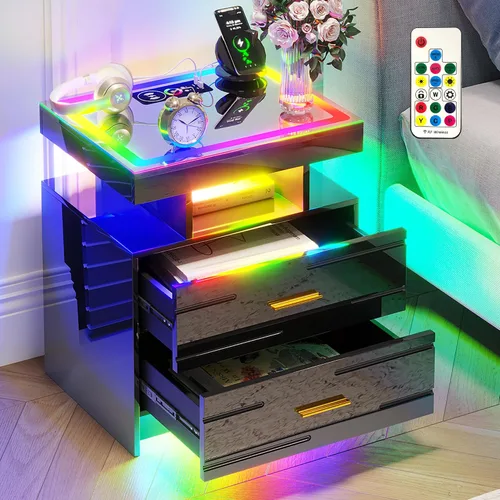 Miniatura 8 de HNEBC Mesita de noche LED, mesita de noche negra con estación de carga, USB + tipo C + carga inalámbrica, mesita de noche inteligente con sensor