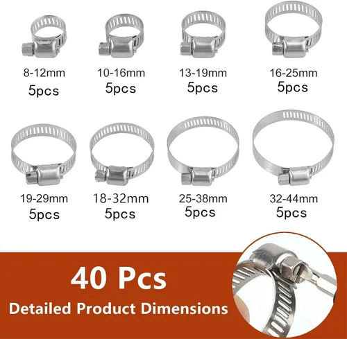 Miniatura 4 de UD - Abrazadera de manguera de acero inoxidable, 40 abrazaderas de manguera de engranaje helicoidal ajustable, rango de 0.315-1.732 in, kit
