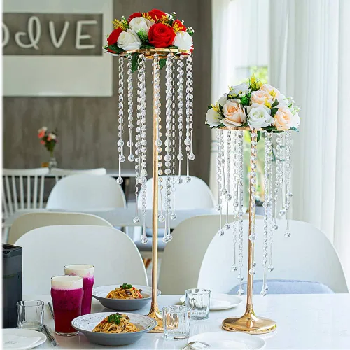 Miniatura 4 de Centros de mesa de boda dorados de 21.6 pulgadas para mesa, 2 jarrones altos, centros de mesa de boda con cuentas de cristal brillantes, soporte