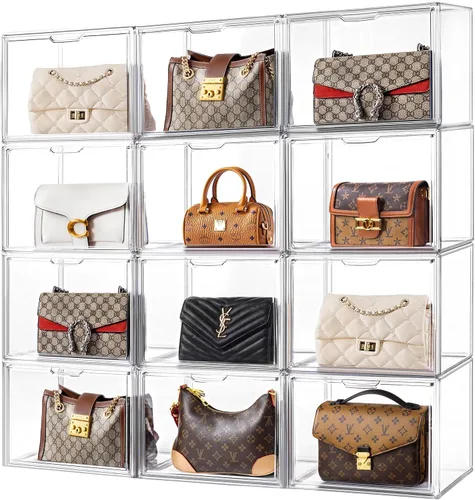 Miniatura 37 de HBlife Paquete de 3 organizadores de almacenamiento de bolsos para armario, caja de exhibición mediana transparente apilable con puerta magnética