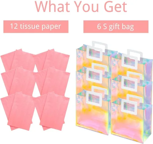 Miniatura 5 de Bolsa de regalo pequeña holográfica de 8.3'' con papel de seda, bolsa de regalo reutilizable para cumpleaños para niñas y mujeres, bolsa de fiesta S