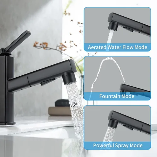 Miniatura 4 de HANLIAN Grifo de un solo agujero extraíble para lavabo de baño, grifo de lavabo negro para baño, grifo moderno de un solo mango para baño
