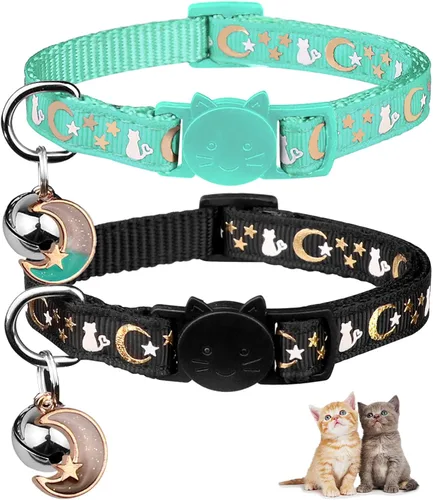 Baeuppit 2 piezas de collares de gato separables con campana, lunas y estrellas. Lindos collares ajustables para gatitos con colgante que brillan en