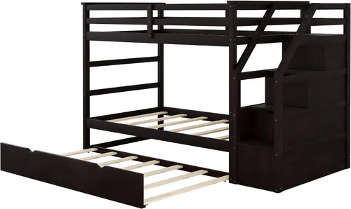 Miniatura 5 de Litera individual sobre individual con nido de tamaño individual y 3 escaleras de almacenamiento, base de cama de madera con barandilla de seguridad
