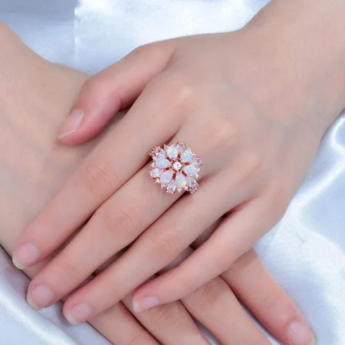 Miniatura 3 de CiNily Anillo de ópalo, chapado en oro rosa de 14 quilates, circonita cúbica de ópalo rosa, anillo de piedras preciosas para mujer, talla 5-12