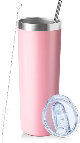 Miniatura 25 de Vaso delgado de 20 onzas con tapa y pajita, vaso de acero inoxidable aislado al vacío, taza de café de doble pared a prueba de fugas, vaso térmico