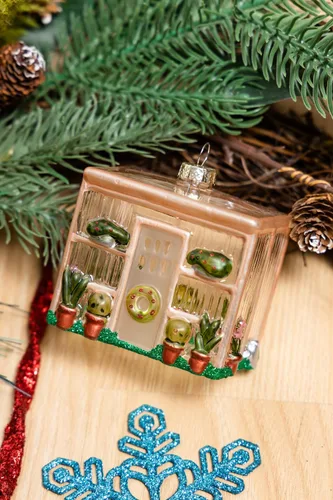 Miniatura 9 de Adorno de invernadero de vidrio soplado a mano y adorno de carretilla, juego de 2 adornos de jardín de vidrio para árbol de Navidad