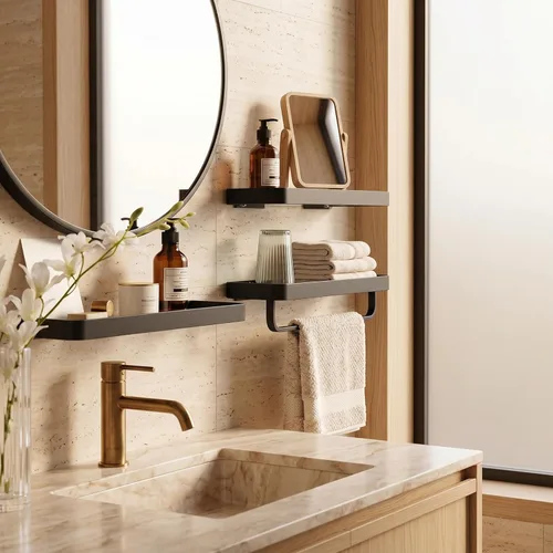 Miniatura 3 de VOLPONE Estante de pared para baño, estantes de vidrio negro, estantes de baño de 15.7in con toallero, estante para toallas, montaje en pared, 2