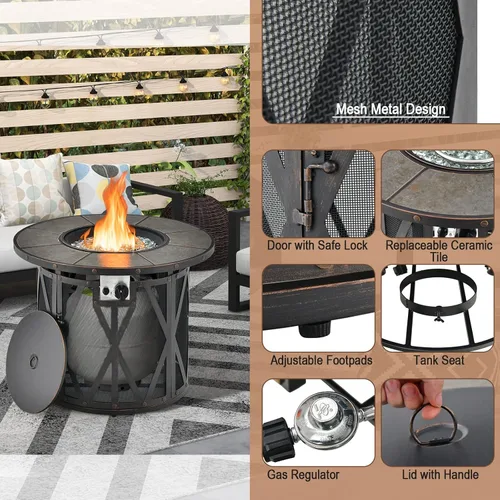 Miniatura 6 de Tangkula Patiojoy - Mesa redonda para fogata de 32 pulgadas, mesa de fuego de gas propano de 30,000 BTU con gafas de fuego y cubierta de PVC, mesa