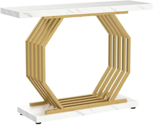 Miniatura 5 de LITTLE TREE Mesa consola dorada de 40 pulgadas, mesa de entrada de mármol sintético, mesa de sofá estrecha, mesa decorativa moderna para sala