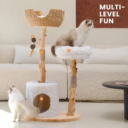 Miniatura 2 de PEGIC - Torre para gatos de ramas naturales de 44 pulgadas, árbol alto de varios niveles para gatos Plataformas cortas de felpa, nido de mimbre