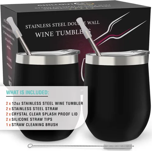 Miniatura 4 de CHILLOUT LIFE - Vaso de vino de acero inoxidable de 355 ml/12 oz, doble pared aislada al vacío, tazas de vino con tapas y popotes