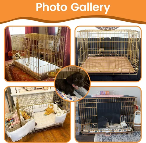 Miniatura 9 de HOMEY PET 61 cm Caja para perros de diseño plegable de color dorado para cachorros Ertra de tamaño pequeño con rejilla de suelo extraíble y bandeja