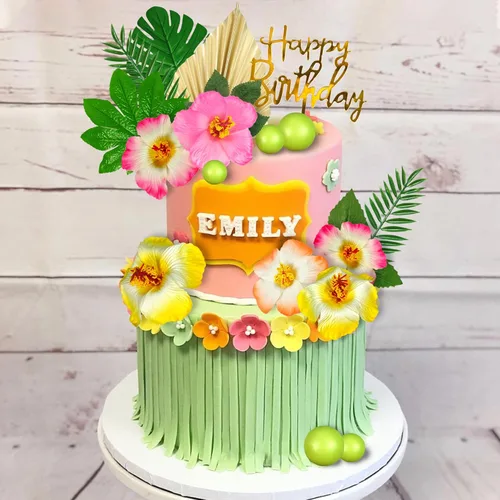 Miniatura 5 de 25 adornos para tartas hawaianas con hojas de palma, hibisco, bolas de flores para Hawaii, Aloha, selva, verano, boda, cumpleaños (multicolor)