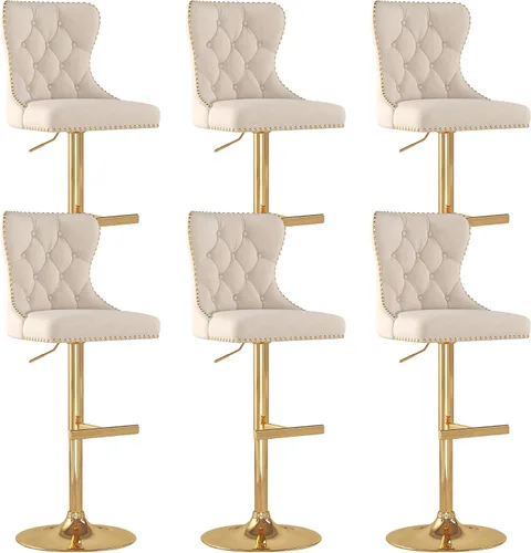Miniatura 17 de Juego de 2 taburetes de bar, taburetes giratorios de terciopelo con respaldo copetudo, asiento ajustable con ribete de cabezas de clavos, sillas