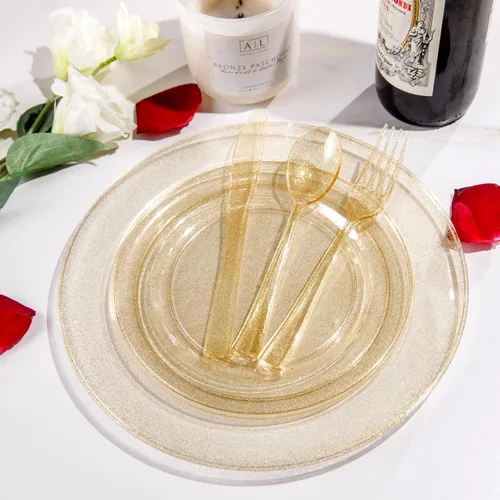 Miniatura 2 de Supernal Juego de 300 piezas de cubiertos de plástico dorados con purpurina desechables. Incluye 100 tenedores, 100 cucharas y 100 cuchillos. Sirve
