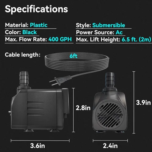 Miniatura 6 de Bomba sumergible de estanque sumergible de apagado automático de 400 GPH (1500 L/H 25 W), bomba de agua ultra silenciosa con elevación de 6.5 pies