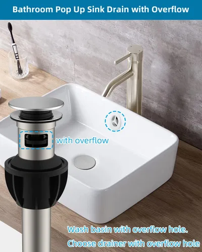 Miniatura 2 de Hibbent Paquete de 2 Desagües de Lavabo de Baño de Metal con Rebosadero, Tapón Emergente Desmontable, Colador de Lavabo de Tocador de Acero Acabado