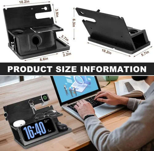 Miniatura 4 de Regalos para hombres Estación de carga 3 en 1 Compatible con estación de carga iPhone 16, organizador de mesa de noche de madera, perfecto
