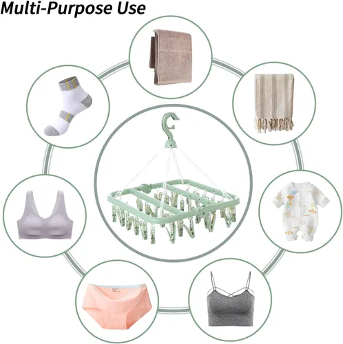 Miniatura 3 de Tendedero de Ropa con 32 Pinzas, Tendedero Colgante Plegable, Gancho Giratório de 360° para Secar Calcetines, Ropa de Bebé, Toallas, Guantes