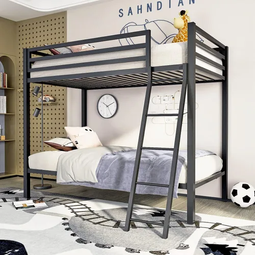 ikalido Cama Litera de Metal Tipo Loft Tamaño Twin sobre Twin con Barandilla de Seguridad y Escalera, No Necesita Somier, Muebles de Dormitorio que