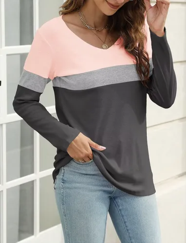 Miniatura 4 de Minetom Camisetas de manga larga con cuello en V para mujer, estilo casual, bloque de colorsólido, camisetas básicas