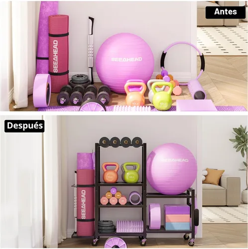 Miniatura 7 de Estante de almacenamiento de gimnasio en casa de 6 niveles con ruedas, soporte de pesas para mancuernas y organizador de esterilla de yoga, soporte