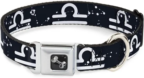 Collar de perro hebilla de cinturón de seguridad Zodiac Libra símbolo constelaciones negro blanco 9 a 15 pulgadas 1.0 pulgadas ancho