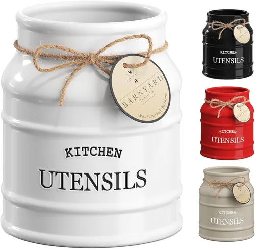 Barnyard Designs Soporte de Utensilios de Cerámica de Granja para Encimera de Cocina, Vajilla Rústica Grande, Organizador de Herramientas de Cocina