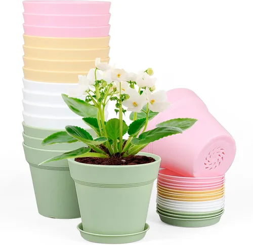 Miniatura 9 de Meowell Macetas de plástico de 6 pulgadas, paquete de 16 macetas para plantas de interior y exterior, macetas con agujeros de drenaje y platillos
