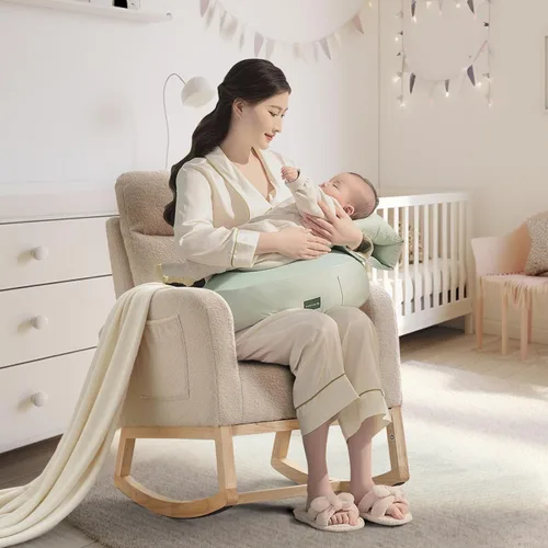 Miniatura 2 de IDEALHOUSE Mecedora para guardería, mecedora tapizada con respaldo alto y bolsillo lateral, cómoda silla de lactancia para lactancia, sillón