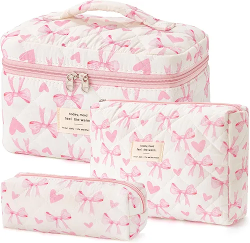 Miniatura 19 de HBselect Bolsa de maquillaje acolchada, 3 piezas de algodón grande, bolsa de maquillaje de viaje, bonita bolsa de maquillaje floral de coqueta