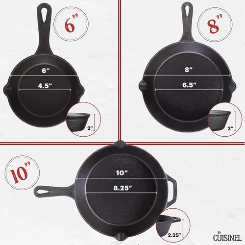 Miniatura 4 de Cuisinel Juego de sartenes de hierro fundido, 6 + 8 + 10 pulgadas + tapas de vidrio + fundas de soporte de mango de silicona - Sartén pre-sazonada