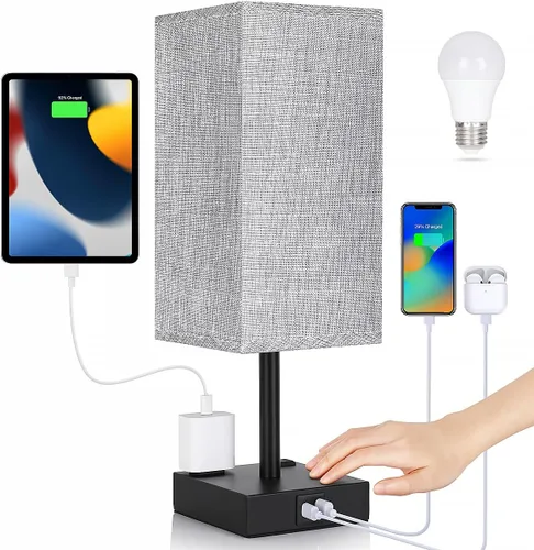 Miniatura 10 de Lámpara de mesita de noche con puertos USB - Lámpara de mesa con control táctil para dormitorio con puertos de carga USB C+A y tomas de corriente