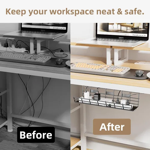Miniatura 8 de Delamu - Paquete de 2 bandejas de gestión de cables para debajo del escritorio, organizador de cables de metal grande, organizador de cables