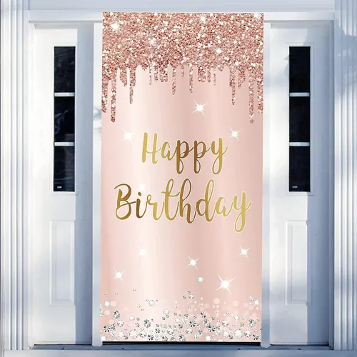Miniatura 2 de Cartel de feliz cumpleaños de oro rosa rosa para mujer, pancarta de feliz cumpleaños para puerta y suministros de fiesta, grande 16, 21, 30, 40, 50