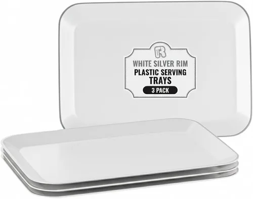 Miniatura 10 de Paquete de 3 bandejas de plástico negro para servir – Bandeja negra de 8 x 11 pulgadas – Bandejas de postre resistentes para alimentos – Bandejas