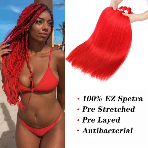 Miniatura 4 de SOKU - Cabello trenzado rojo preestirado de 24" de largo, 4 paquetes de fibra sintética trenzada con ganchillo, textura suave Yaki recta 4 paquetes