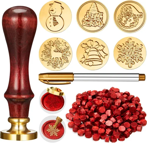 Kit de sellos de cera de Navidad de 208 piezas, incluye 6 cabezales de latón con mango de madera, 200 cuentas de cera de sellado y rotulador dorado