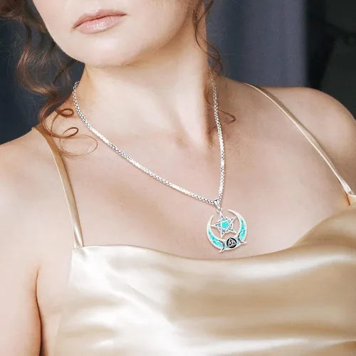 Miniatura 188 de Collar de pentagrama de plata de ley con triple luna, diosa celta, nudo celta, nudo de brujas, Ankh, sol y luna, Hécate, lilith, Santa Muerte