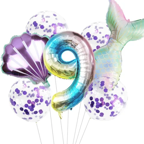 Miniatura 14 de 7 globos de sirena con números para fiesta de cumpleaños de 1, 2, 3, suministros de decoración de cola de sirena para niñas (número 0)