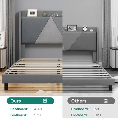 Miniatura 6 de YITAHOME Base de cama Queen con puertos tipo C y USB, plataforma tapizada de lino con cabecera de almacenamiento de lino, no necesita somier, sin