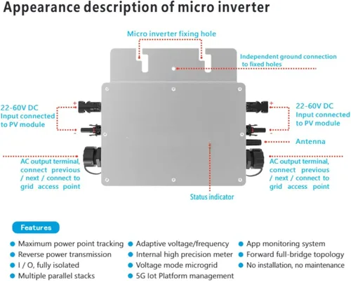 Miniatura 3 de Microinversor de lazo de rejilla solar de 700W, control WiFi móvil APP Monitoreo, salida de CA 120V para el sistema de energía solar casero