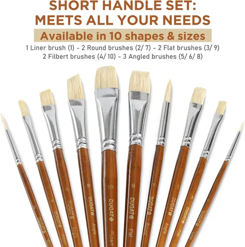 Miniatura 2 de DUGATO - Juego de 10 pinceles de pintura para artistas de pelo de cerdo blanco de mango corto, perfecto para acrílico, óleo, gouache, acuarela, kit