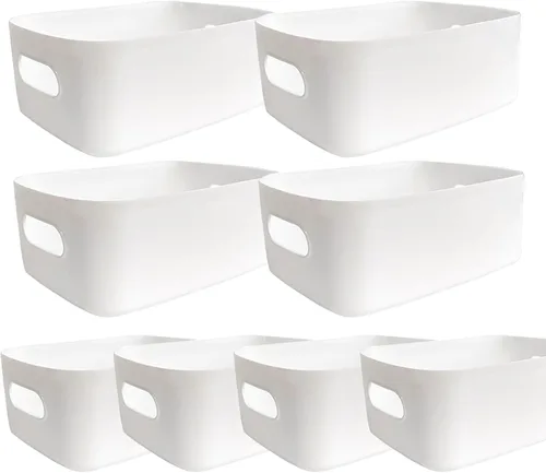 Paquete de 8 contenedores y cestas de almacenamiento de plástico, contenedores de almacenamiento blancos para cocina, baño, oficina, organizador