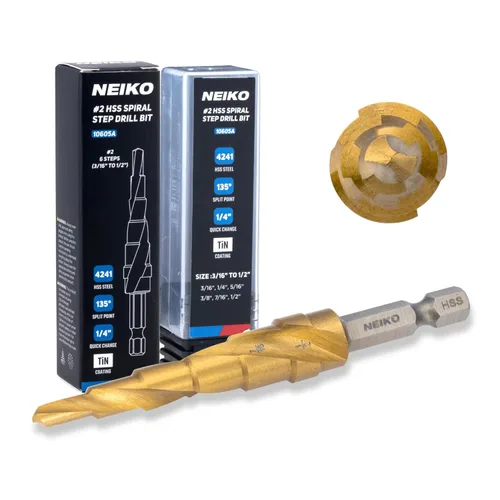 Miniatura 20 de NEIKO 10602A Step Drill Bit, 13 Steps 1/8" to 1/2" Spiral High Speed Steel, Titanium Nitride Coated, 1/4" Quick Change Step Bits for Steel, Metal