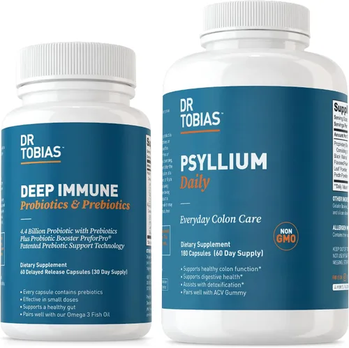 Dr. Tobias Probióticos y prebióticos inmunes profundos y psyllium diario, apoya la salud digestiva, la función inmune intestinal, suplemento diario